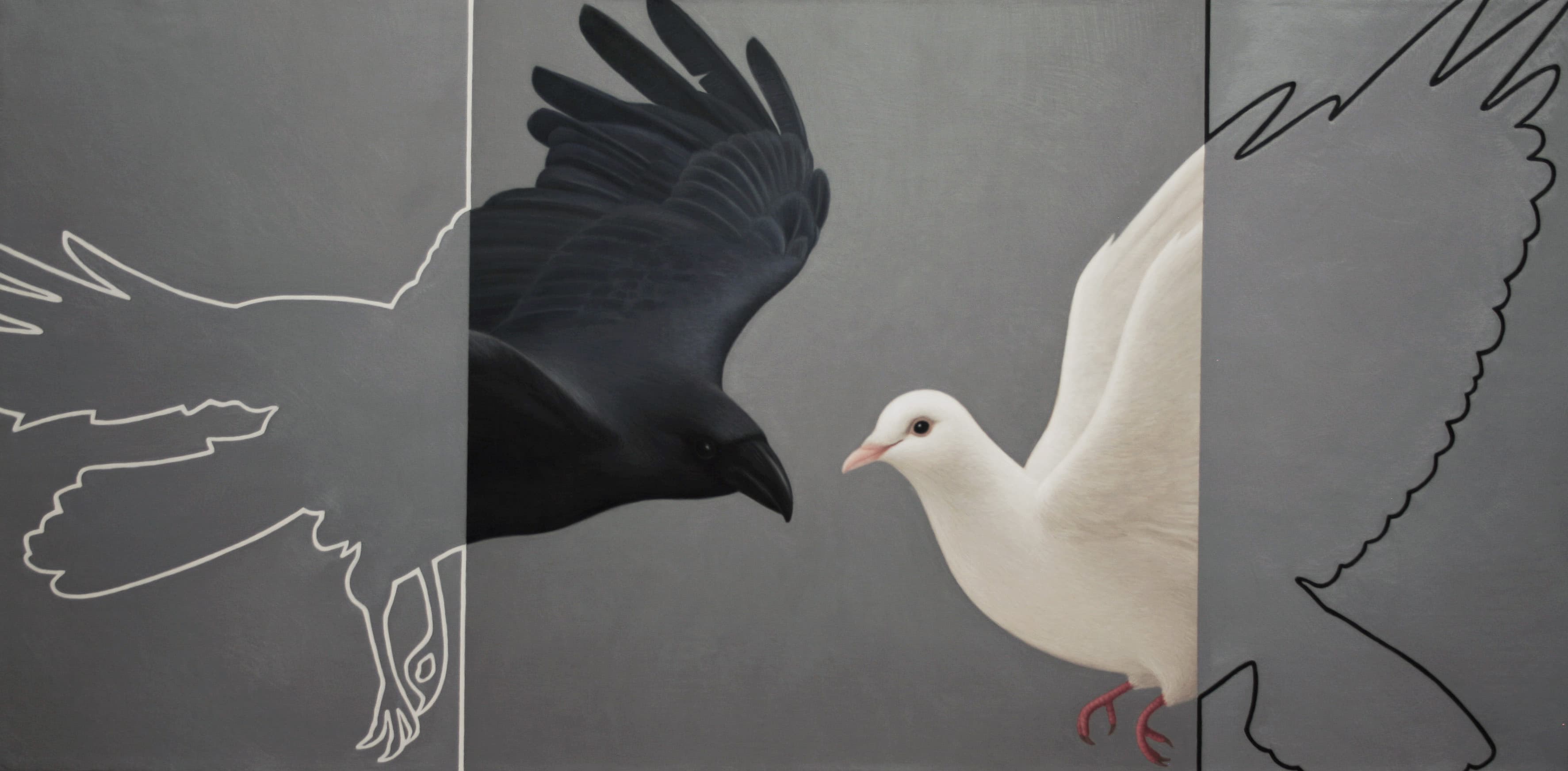 Oil painting of a black bird and a white bird